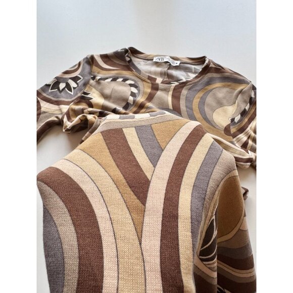 ZARA Beige Brown Graphic Print Knit Long Sleeve Bodycon Maxi Dress, Size M - Picture 10 of 15